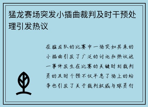 猛龙赛场突发小插曲裁判及时干预处理引发热议 猛龙赛场突发小插曲裁判及时干预处理引发热议